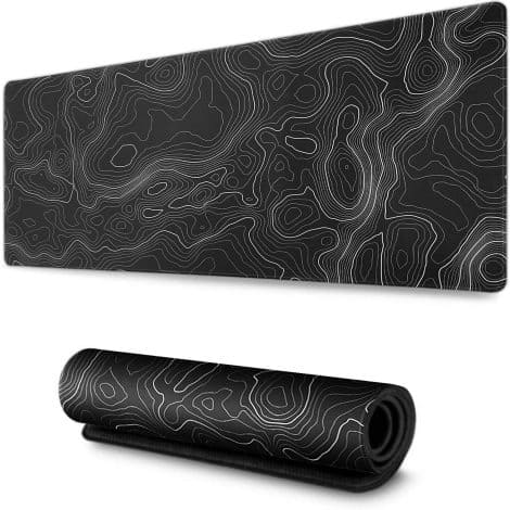 AQQA Extra Large Mouse Pad (29.5x16in) – Gaming and Office Mat with Non-Slip Base, Topographic Design, Black.