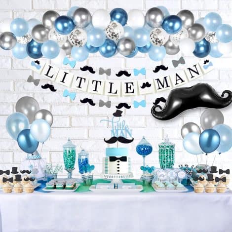 Little Gentleman Baby Shower Decorations, Little Gentleman Birthday Party Supplies, Gentleman Banner, Blue and Silver Balloons, Mustache Cake Topper.