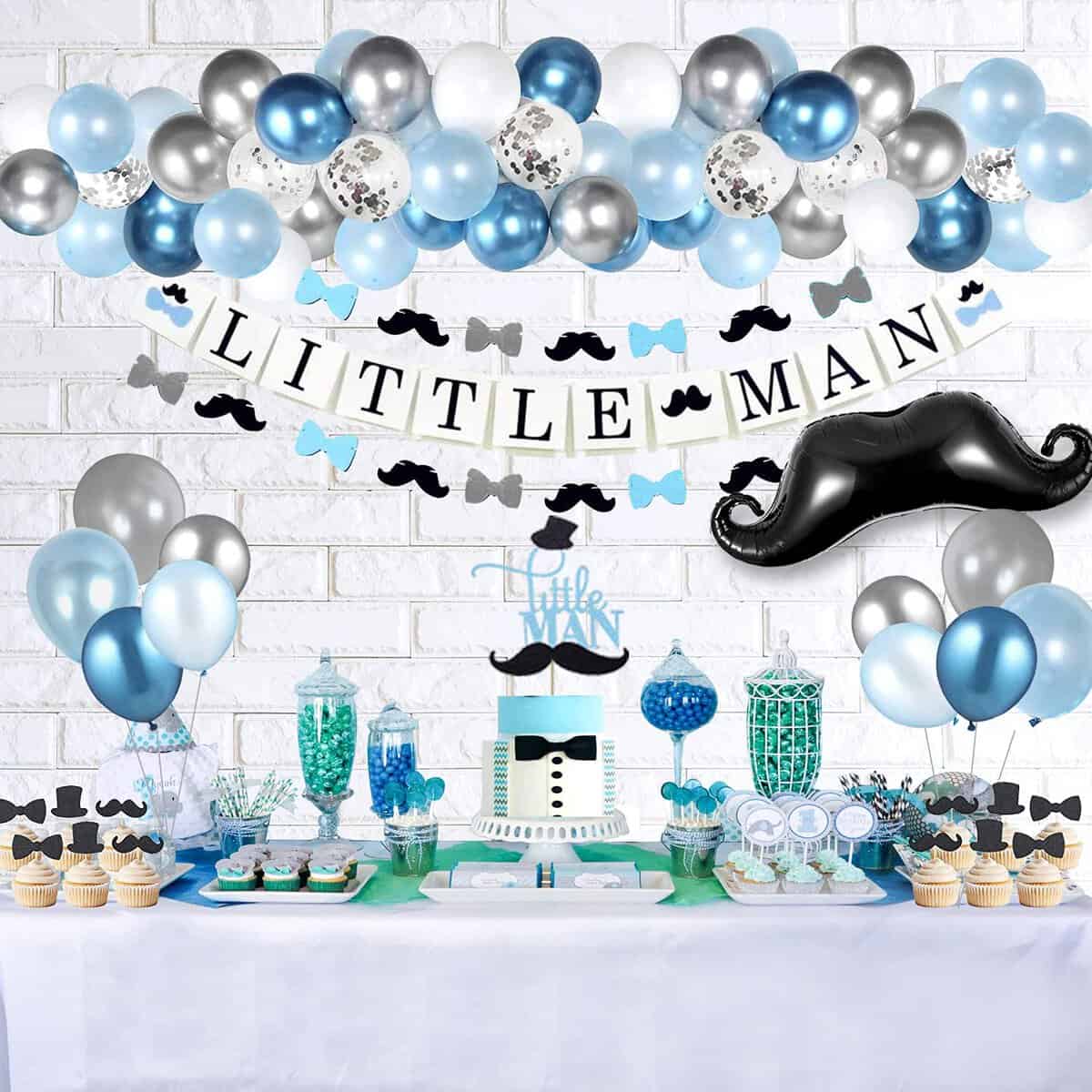 Hombae Little Man Baby Shower Decorations For Boy, Little Man Birthday Party Decorations Supplies, LITTLE MAN Banner, Blue and Silver Balloons Garland Kit, Mustache Cake Topper