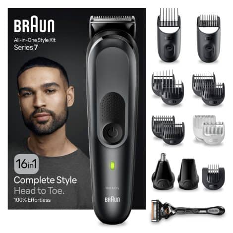 Braun All-in-One Style Kit Series 7: Grooming Kit for Men with multiple tools and UK 2 Pin Plug.