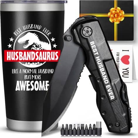 Gifts for your husband: a multitool knife set tumbler, perfect for Valentine’s Day, birthdays, anniversaries, and Christmas.