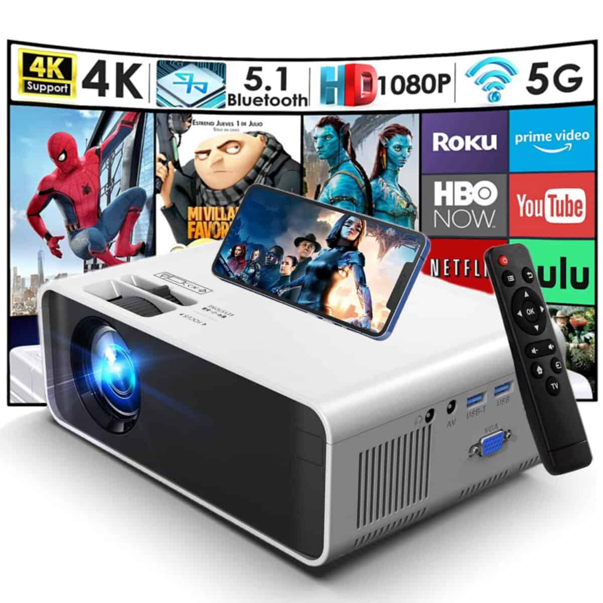 TDOO 4K 1080P HD Portable Projector with 5G WiFi & Bluetooth, 200” Display Supported, Projector for Outdoor Moives ＆ Home Theater, Compatible with Smartphone, TV Stick, VGA, Laptops PC PS5 HDMI USB