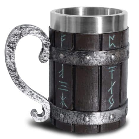 Norse Viking Oak Beer Mug – Oak wood with stainless steel liner, featuring Nordic Viking runes. Perfect for Father’s Day. 17oz capacity.