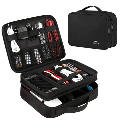 MATEIN Travel Case, a sleek and waterproof organizer for cables and tech essentials, perfect for American travelers.