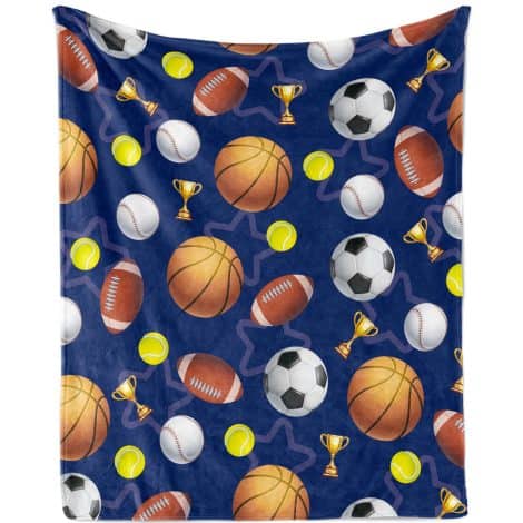 Kids’ Sports Fleece Blanket: Cozy, plush throw with basketball, baseball, football patterns. Perfect gift for sports fans.