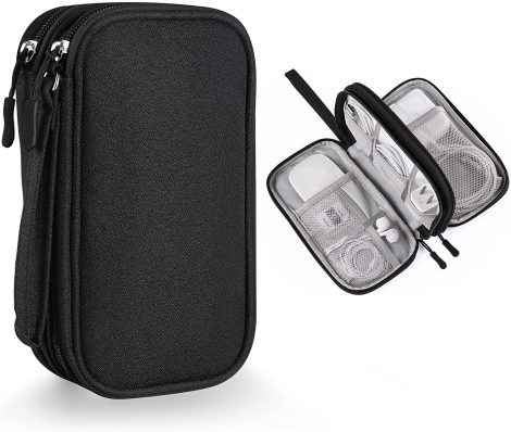 Black Portable Electronics Accessories Organizer Bag for Travel, Keeping Power Cord, Charger, Cables, and Mouse.