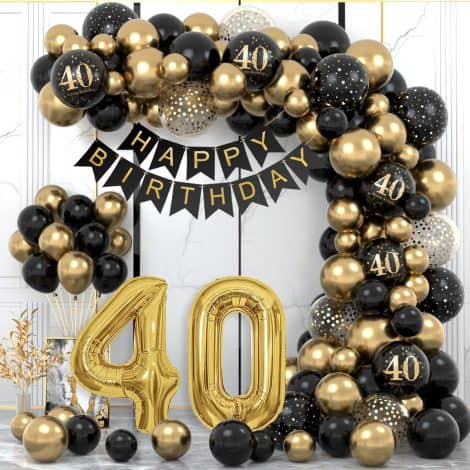 Celebrate turning 40 with our stylish black and gold party set, featuring balloons, banners, and garlands.