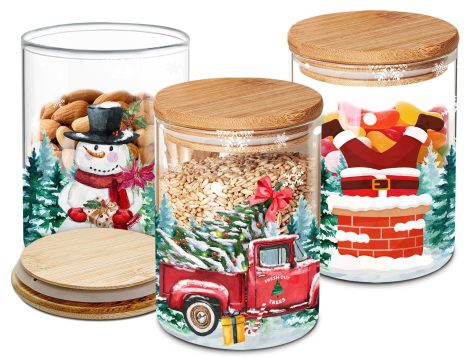 3 Red Christmas Glass Jars with Lid: Perfect for storing decorations, gifts, and kitchen essentials. Snowman, Santa, and Red Truck designs.