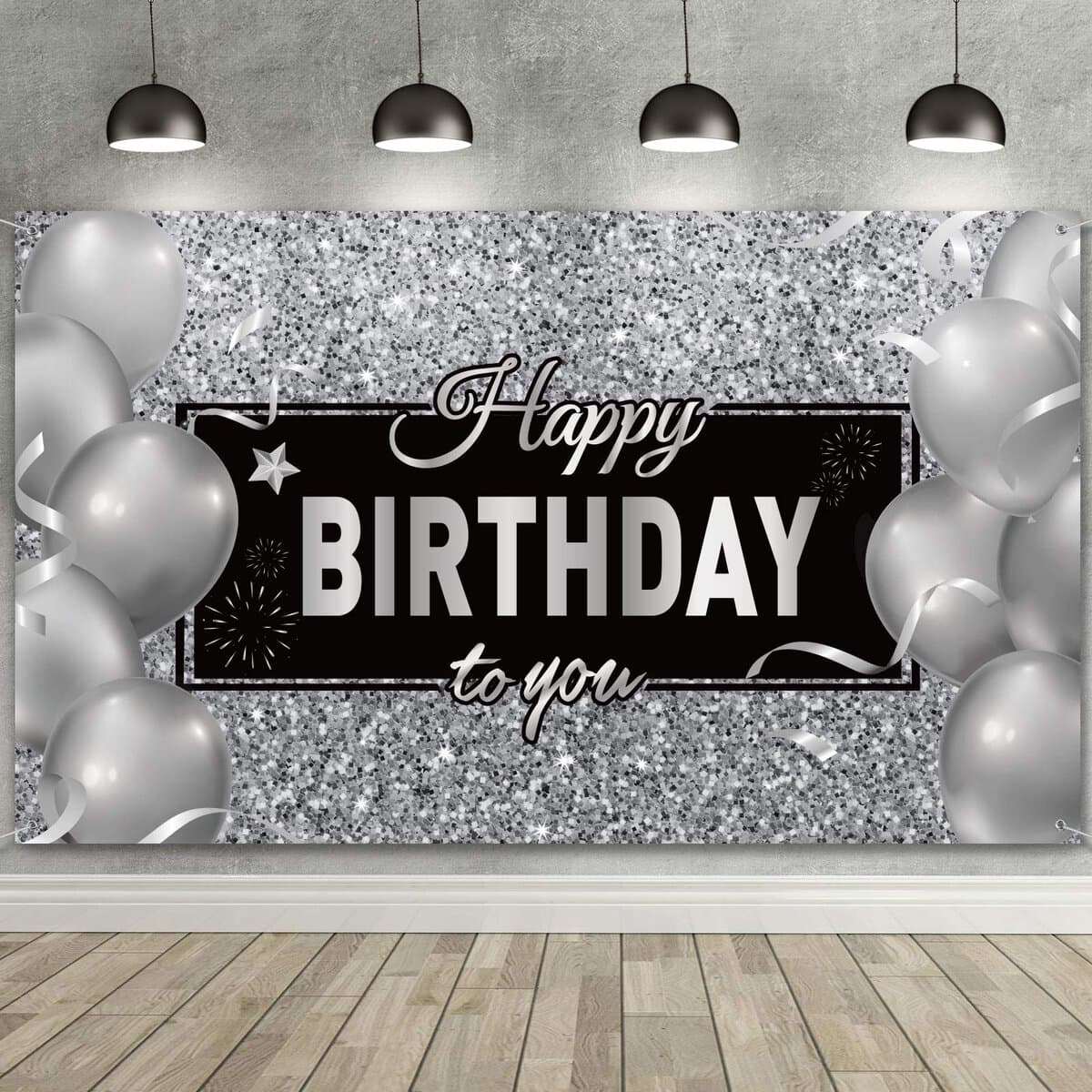 Happy Birthday Backdrop Banner, Black White Balloons Silver Happy Birthday Backdrop Background Photo Photography Banner for Men Women Birthday Anniversary Party Decorations Supplies,72.8 x 43.3 Inch