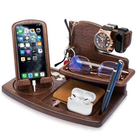 Brown Wood Swivel Phone Stand & Organizer: Perfect gift for him/her, anniversaries, birthdays, or home organization.