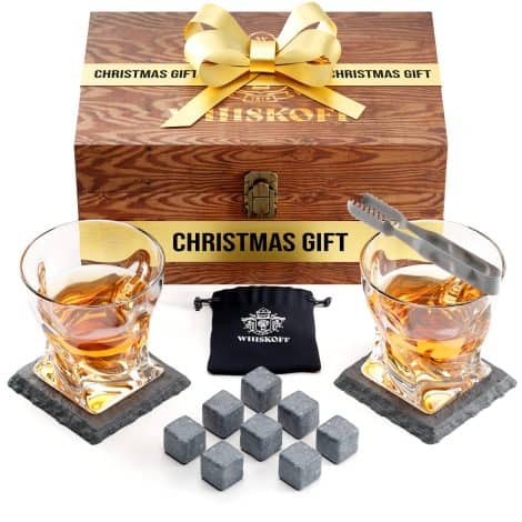 Set of 2 whiskey glasses with bourbon stones, tongs, coasters, chilling stones, and bar glasses in a wooden gift box. Ideal for men and women.