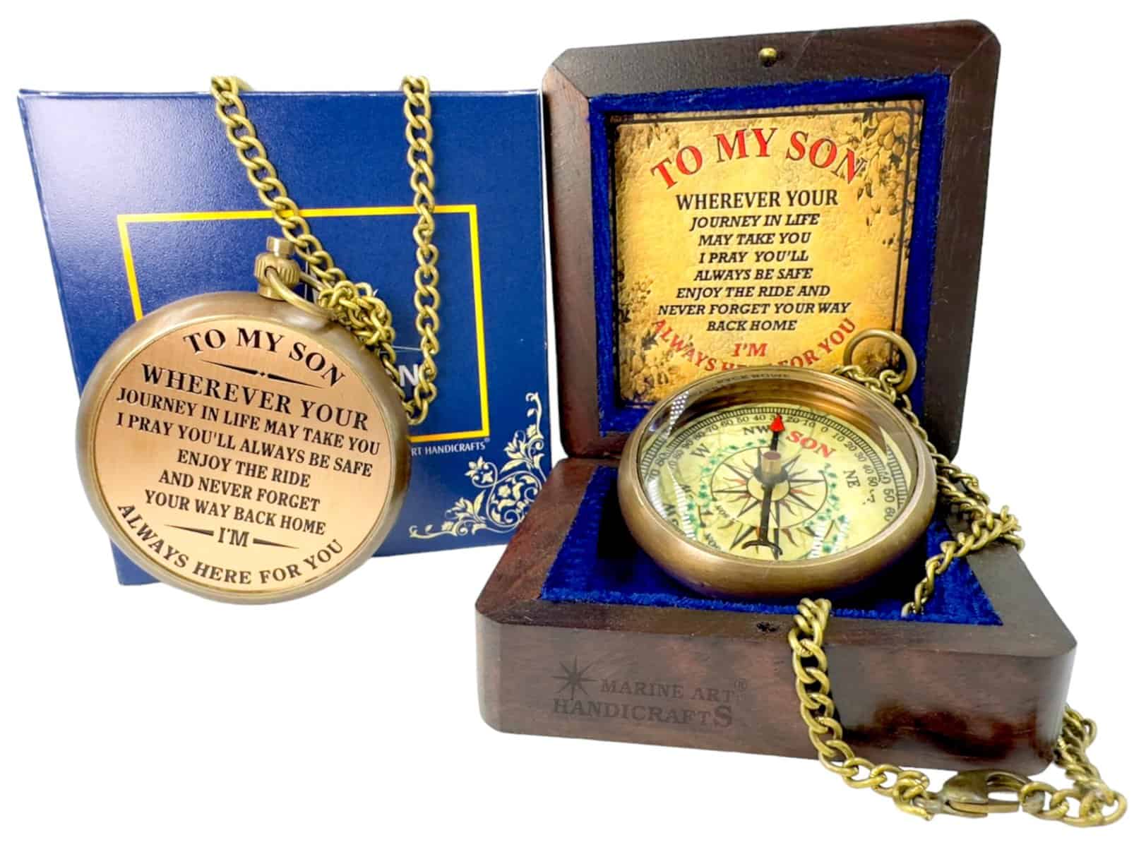 MARINE ART HANDICRAFTS “ to My Son ” Camping Compass Engraved with Gift Compass Graduation Day Gifts for Son - Son Birthday Gifts - Love Mom - Love Dad - Confirmation Gifts for Son.