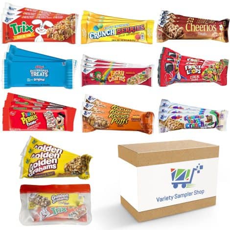 Assorted Cereal Bars Variety Pack – 30 individually wrapped granola bars, including Lucky Charms, Cinnamon Toast Crunch, Cap’n Crunch, Golden Grahams, Peanut Butter Puffs + reusable bag.