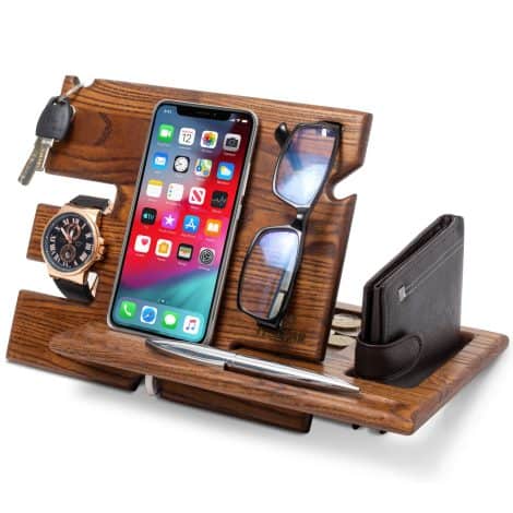 Wood Phone Dock & Organizer – Perfect Gift for Him, Her, Dad, or Graduation, Sleek Design for Nightstand, Travel