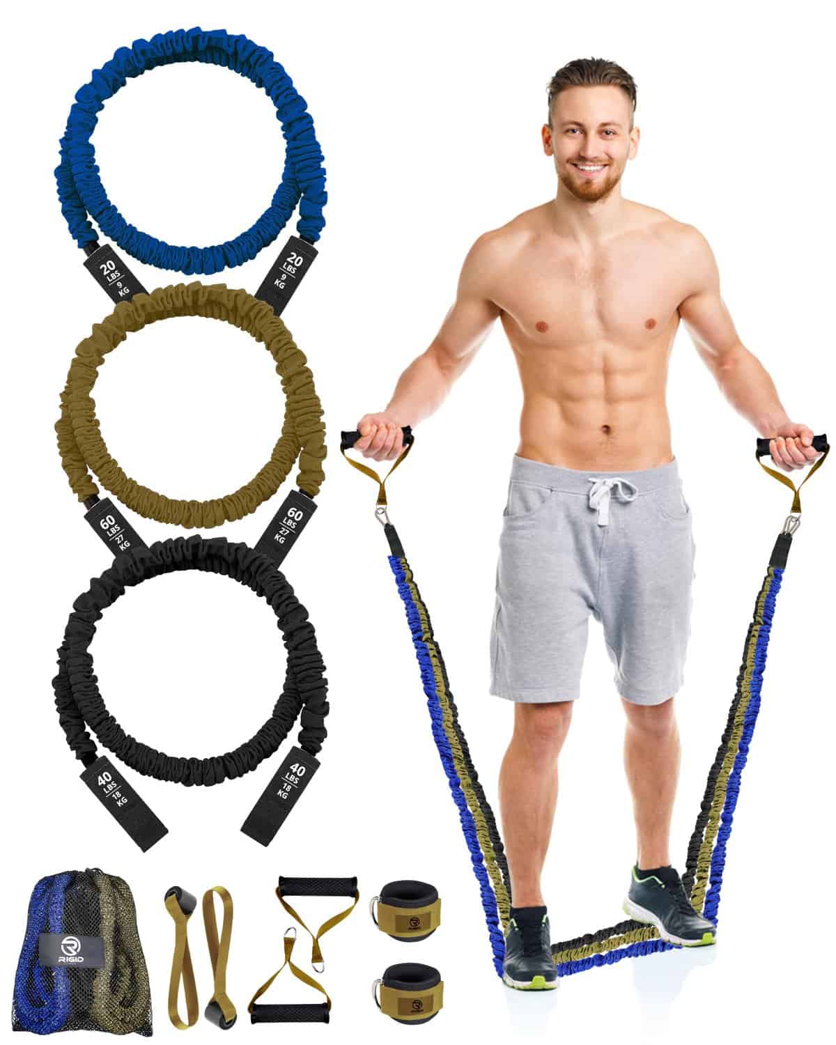 RIGID FITNESS Resistance Bands Set, Exercise Bands with Handles, Door Anchors, Legs Ankle Straps for Resistance Training, Physical Therapy - Power Bands with Carry Bag - Workout Bands for Home Workout