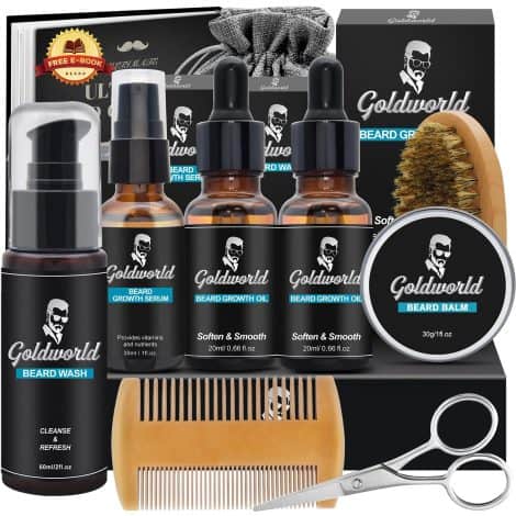 Complete Beard Care Set including Soap, Comb, Brush, Fragrance-Free Oil, Balm, Scissors, and Storage Bag.