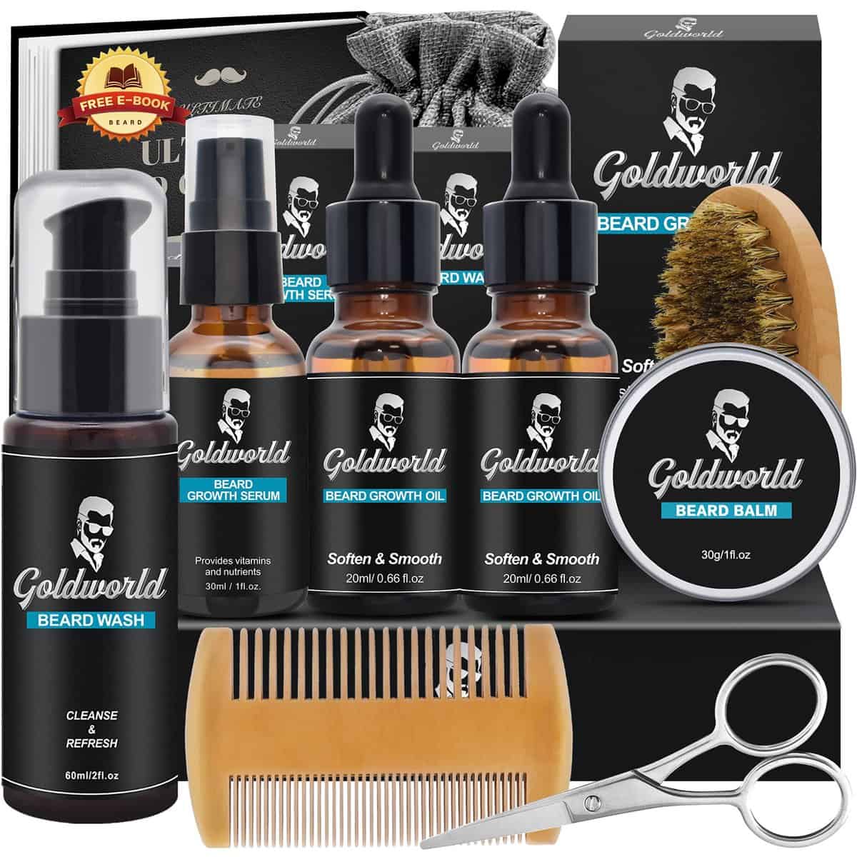 Beard Care and Grooming Kit with Beard Soap, Comb, Brush, Unscented Beard Oil, Balm, Scissors, Storage Bag