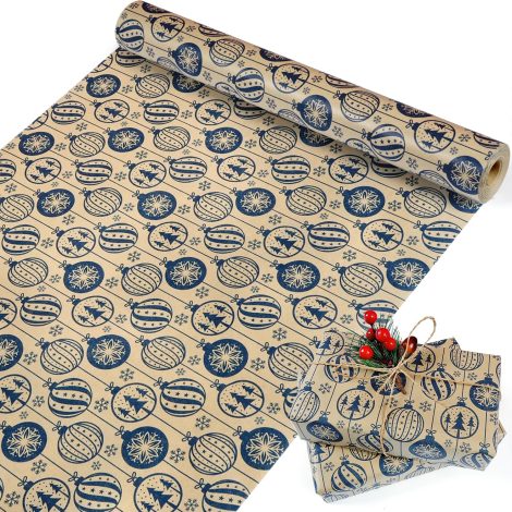 Retro Holiday Gift Wrap Roll – Vintage Brown Kraft Paper with Fun Christmas Ball Design.