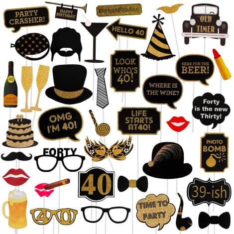 “Party Props for 40th Birthday Celebration: Gold and Red Decorations, Cheers to 40 Years!”