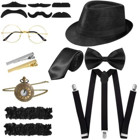 1920s Gangster Costume Set with Hat, Bow Tie, Pocket Watch, Suspenders, Glasses, Beard, Armband, and Tie Clips.