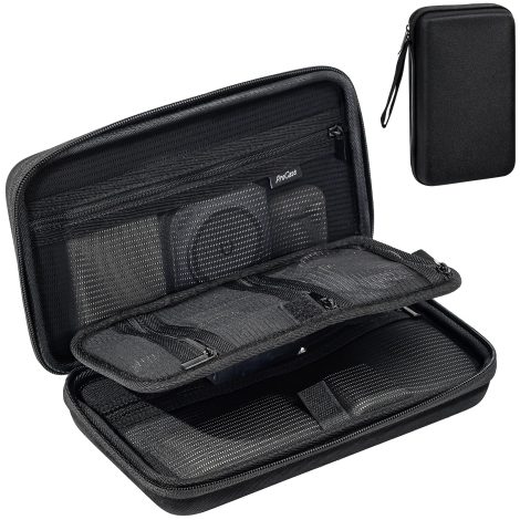 Compact tech storage bag for all your electronics accessories, chargers, cables, and more. Available in black.