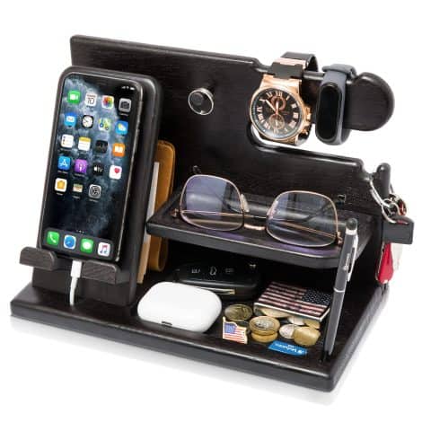 Black TESLYAR wood phone dock, key & wallet holder, watch organizer. Ideal gift for husband, wife, dad.