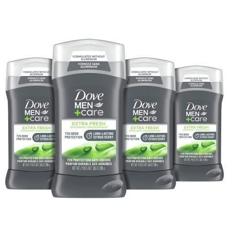 Dove Men+Care Deodorant Stick 4-pack: Extra Fresh, 72-Hour Odor Protection, Aluminum-Free, with Moisturizing Cream, 3 oz.