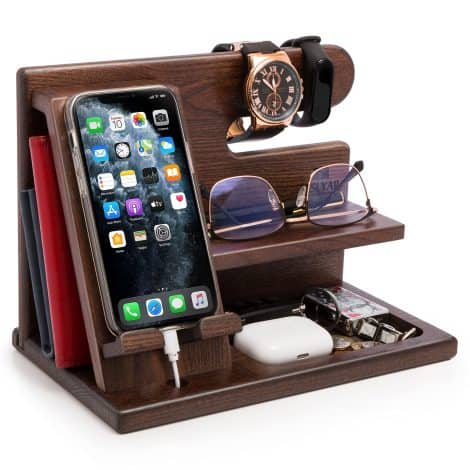 TESLYAR Wood Phone Docking Station: Wallet, Key Holder, Watch Organizer. Perfect gift for dad, husband, or graduation!