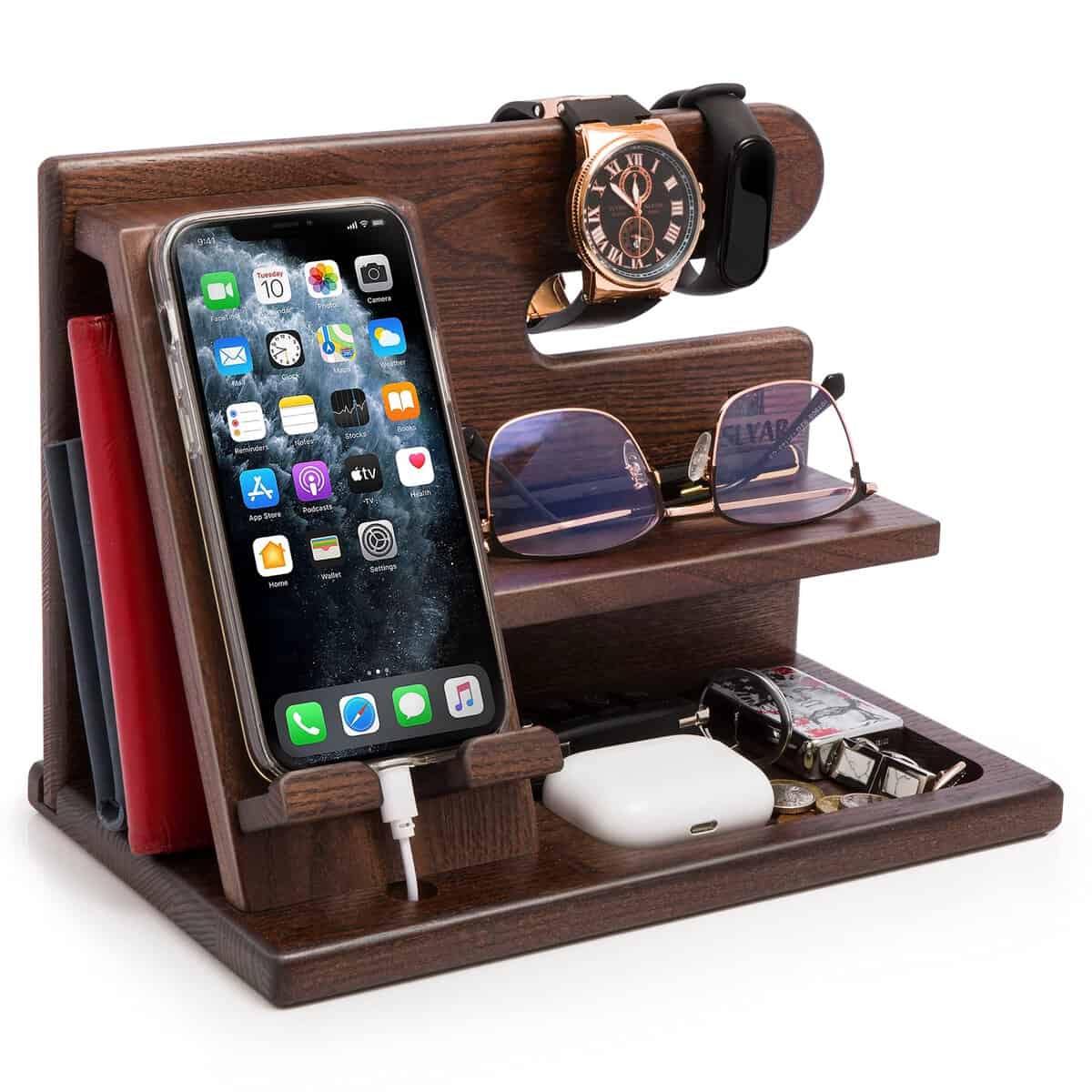 TESLYAR Wood Phone Docking Station Ash Key Holder Wallet Stand Watch Organizer Men Husband Wife Anniversary Dad Birthday Nightstand Purse Father Graduation Male Idea Gadgets