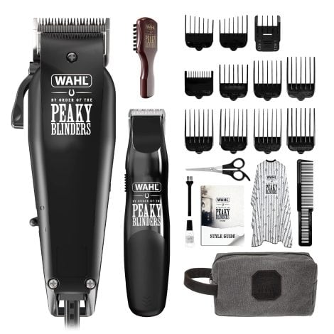 Wahl’s Peaky Blinders grooming kit for men includes a corded clipper, trimmer, brush, and cape.