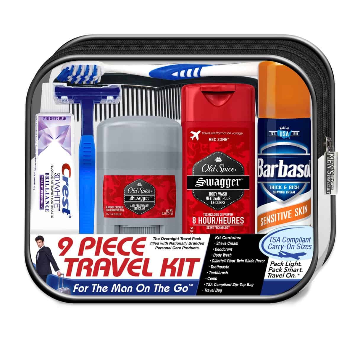 Convenience Kits International Men's Deluxe, 9-Piece Kit with Travel Size TSA Compliant Essentials, Featuring: Old Spice Products in Reuseable Toiletry Bag