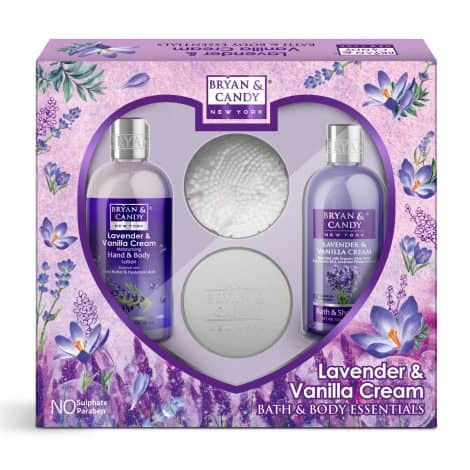 Bryan & Candy NY Lavender & Vanilla Mother’s Day Set: Shower gel, lotion, body polish, loofah – 3 pack.