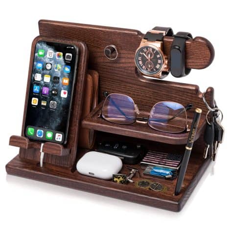 TELYSAR Ash Wood Phone Stand Wallet Organizer – Perfect Gift for Him, Anniversary, Birthday, or Graduation!