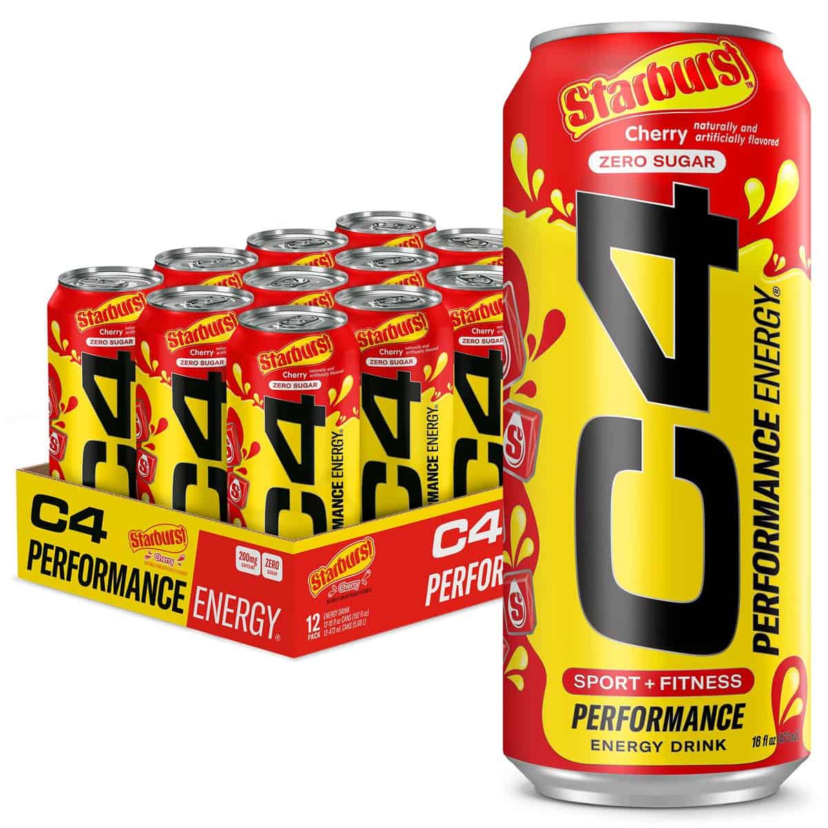 Cellucor C4 Energy Drink, Starburst Cherry, Carbonated Sugar Free Pre Workout Performance Drink with no Artificial Colors or Dyes, 16 Oz, 12 count