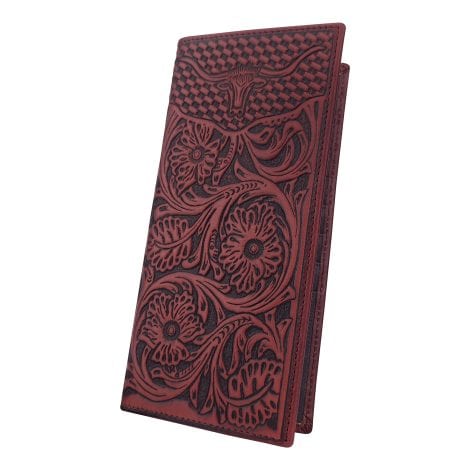 “Vintage Wine Red MUXILING Men’s Western Wallet with RFID Blocking – Perfect Cowboy Gift!”