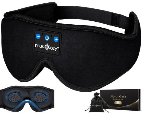 3D Black Universal Fit Sleep Headband with Bluetooth, speakers, and eye mask for American side sleepers.