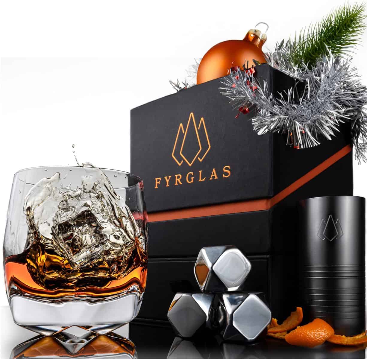 Whisky Glass Gift Set | Unique Whiskey Glass | Presents for Men | FYRGLAS | Alcohol Gifts | Premium UK Design | Jigger and Cooling Cubes