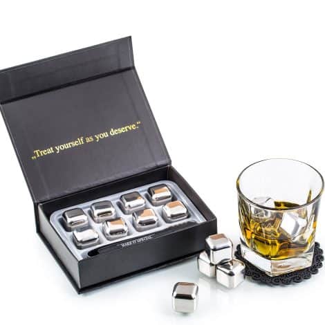 Limited Edition Whiskey Stones Set – Advanced Cooling Tech – Reusable Stainless Steel Ice Cubes – Whiskey Rocks – Perfect Gift for Men – Includes Coasters + Tongs