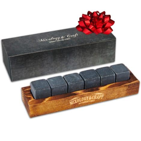 Stylish Whiskey Rocks Set includes 6 granite chilling stones in an elegant wooden tray. Perfect gift for men.