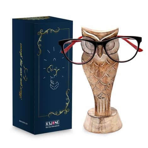 Unique handcrafted wooden owl eyeglass stand, perfect gift for all ages. Ideal for home, office, teachers, and parents.