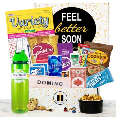 Feel better care package – Includes activities, snacks, water bottle, and more – Various options available. (Perfect for those recovering from injury or social distancing)