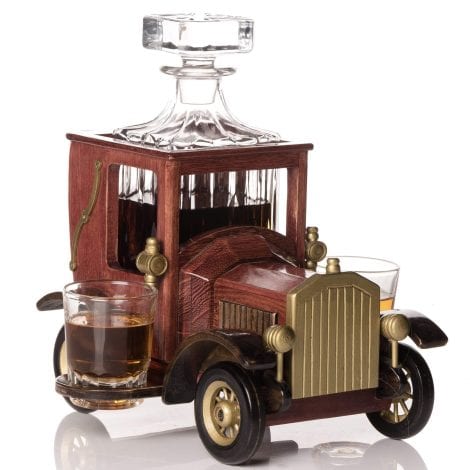 2020 Whiskey Decanter Set with Crystal Glasses and Vintage Car Stand – Personalized Gift for Men.