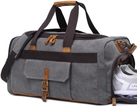 Bluboon Gray Canvas Weekend Travel Tote Bag, with Shoe Compartment, Ideal for Women and Men.