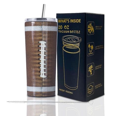 Football-themed insulated coffee mug perfect for birthdays or Father’s Day gifts for football-loving men.