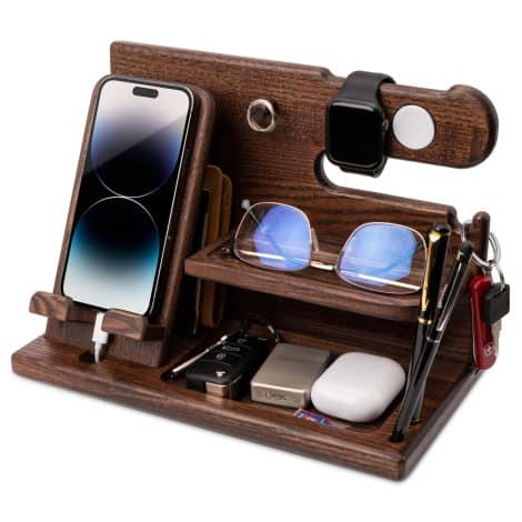 TESLYAR Wooden Phone Docking Station with Key Holder, Wallet Stand, Watch Organizer – Perfect gift for men.