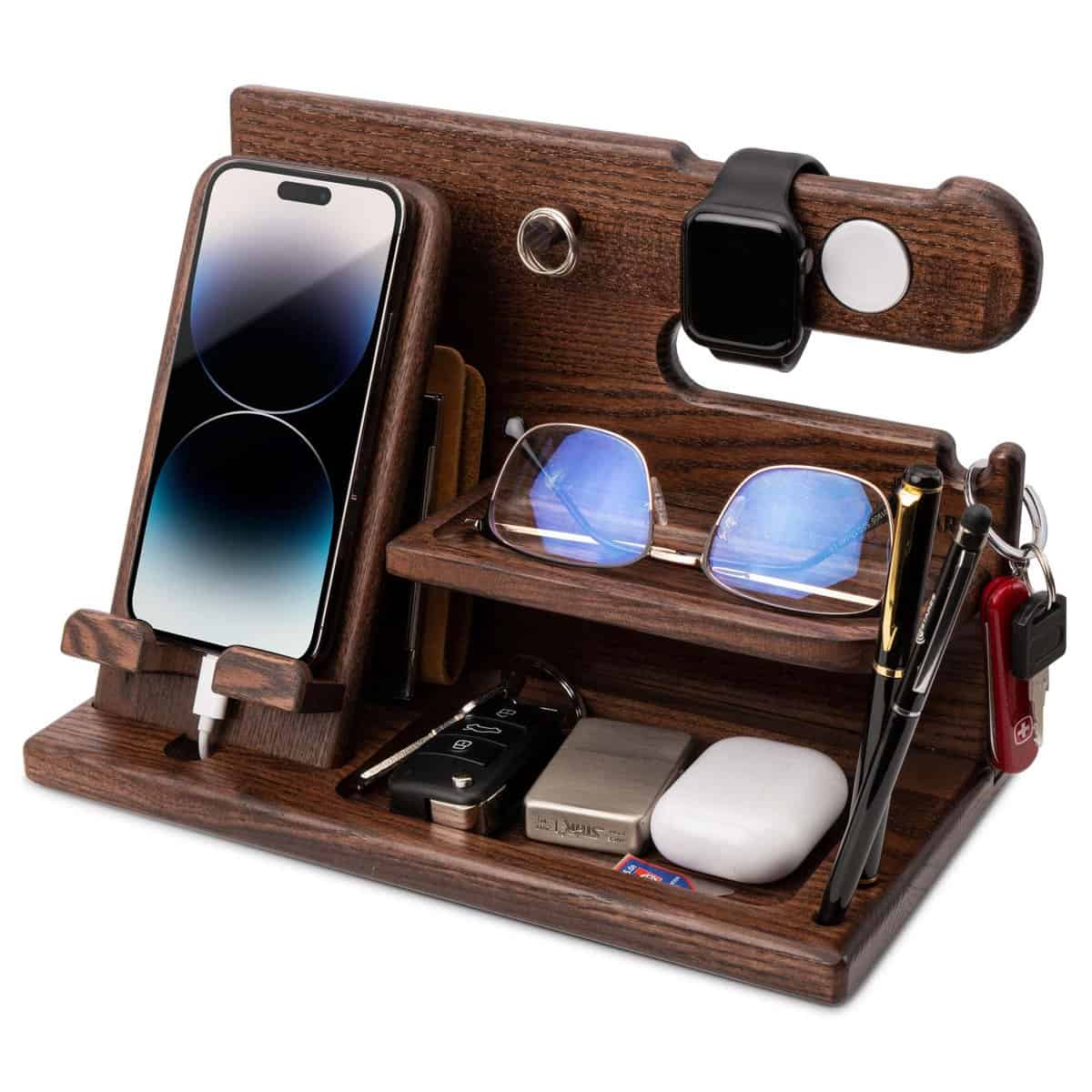 TESLYAR Wood Phone Docking Station Ash Key Holder Wallet Stand Watch Organizer Men Husband Wife Anniversary Dad Birthday Nightstand Purse Father Graduation Male Travel Idea Gadgets