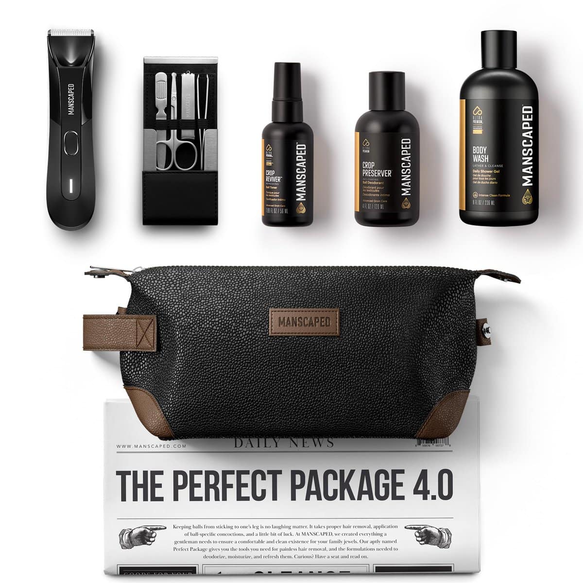 MANSCAPED™ Perfect Package 4.0 Kit Contains: The Lawn Mower™ 4.0 Electric Trimmer, Ball Deodorant, Groin Wash, Performance Spray-on-body Toner, Four Piece Luxury Nail Kit, Toiletry Bag, 3 Shaving Mats