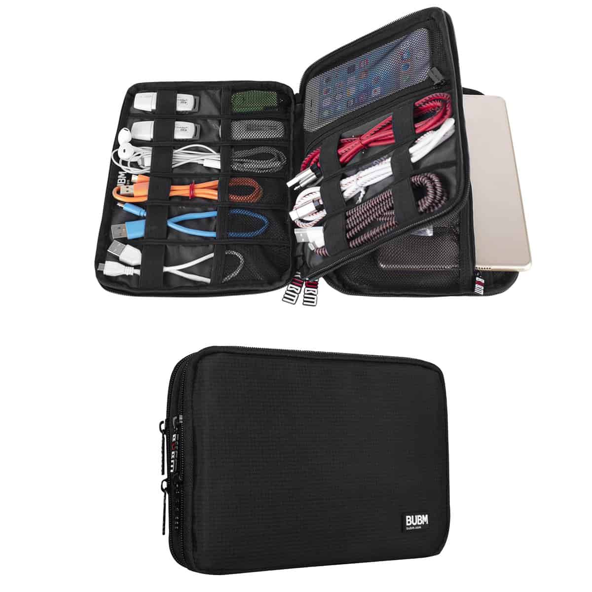 BUBM BUBM Double Layer Electronic Accessories Organizer, Travel Gadget Bag for Cables, USB Flash Drive, Plug and More, Perfect Size Fits for iPad Mini (Medium, Black)