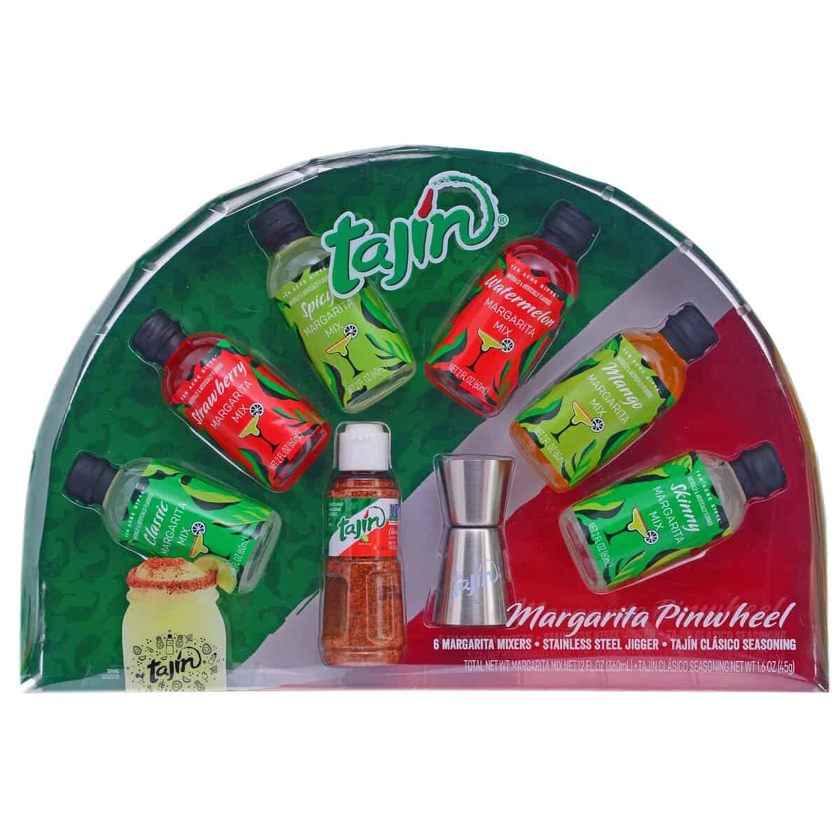 Ten Acre Gifts Tajin Margarita Mix Gift Set, 6 Pack Drink Mixers with Classic, Strawberry, Mango, Watermelon, Skinny & Spicy Mixes, Clasico Seasoning, and Jigger