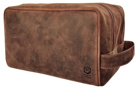 Rustic Town’s Brown Handcrafted Leather Toiletry Bag: Ideal for travel, grooming, makeup, and a thoughtful gift.